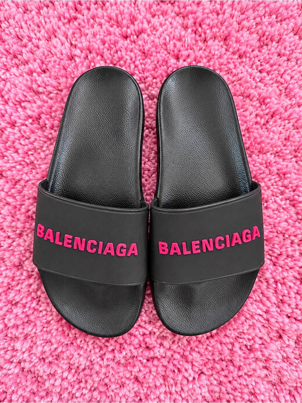 Balenciaga Black Slippers with Hot Pink Logo